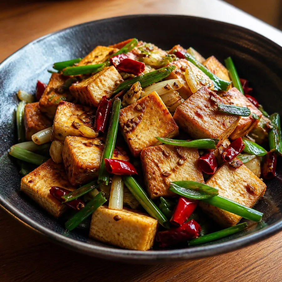 Chinese Hunan Cumin Tofu Stir-Fry, original finished dish food photograph