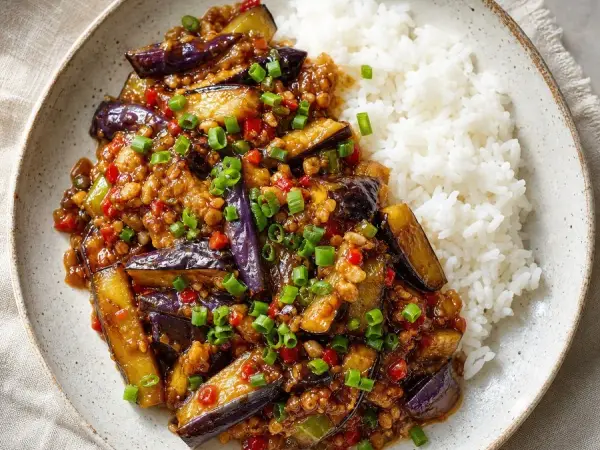 Chinese Sichuan Yuxiang Eggplant with Rice, original finished dish food photograph