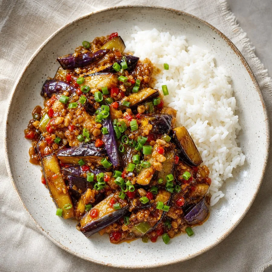 Chinese Sichuan Yuxiang Eggplant with Rice, original finished dish food photograph