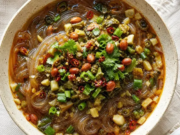 Chinese Suan La Fen Sweet Potato Noodles, original finished dish food photograph