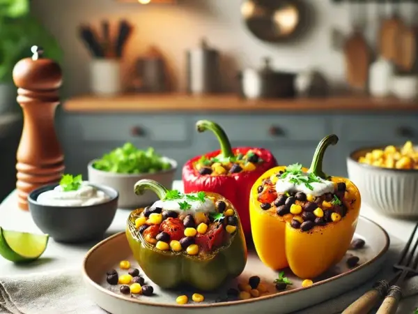 Chipotle Black Bean and Corn Stuffed Peppers with Cilantro Lime Crema, finished dish