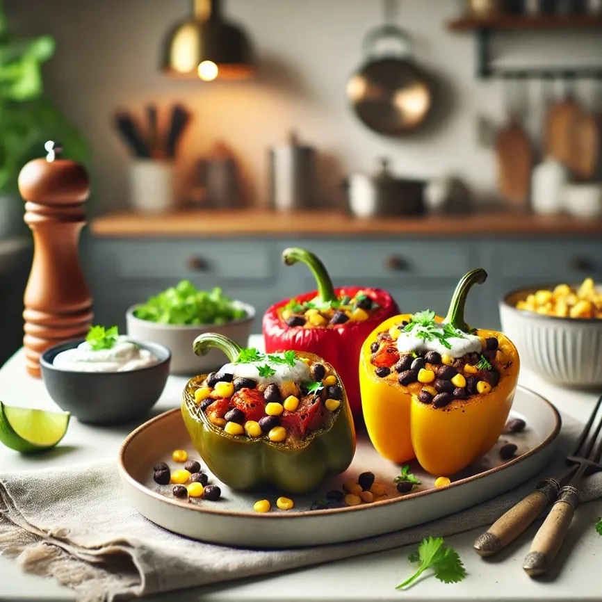 Chipotle Black Bean and Corn Stuffed Peppers with Cilantro Lime Crema, finished dish