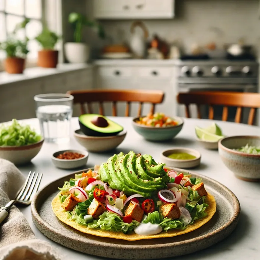 Chipotle Lime Chicken Tostadas with Avocado Crema, finished dish