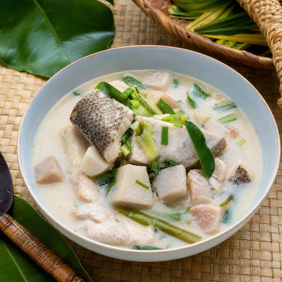 Chuukese Coconut Fish Taro Soup, plated as a finished dinner