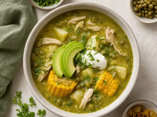 Colombian Ajiaco Verde Chicken Soup, finished dish