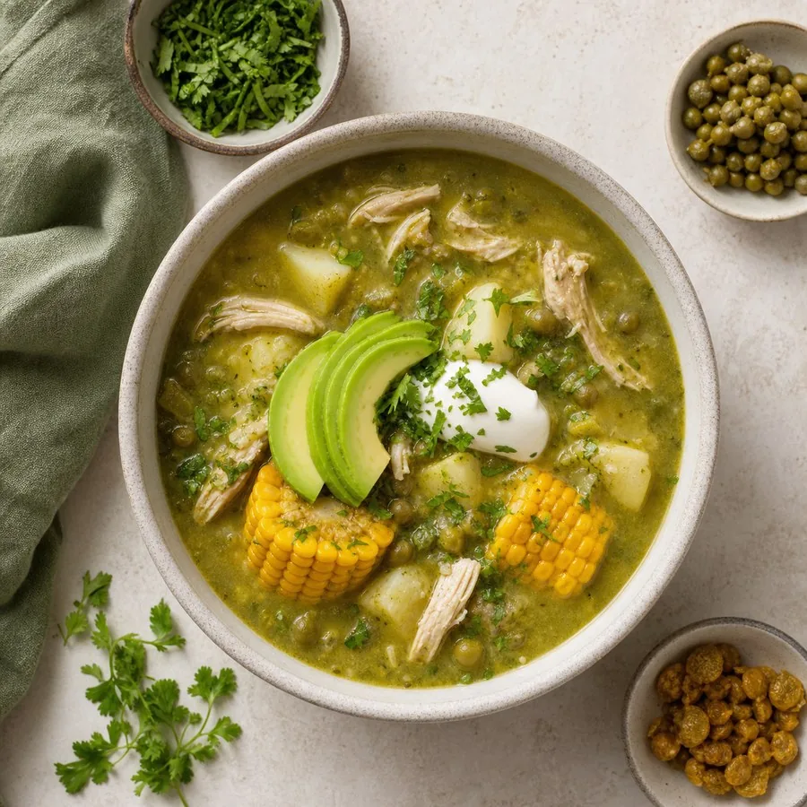 Colombian Ajiaco Verde Chicken Soup, finished dish