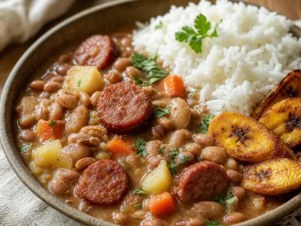 Pinto bean stew with rice, plantains and cilantro