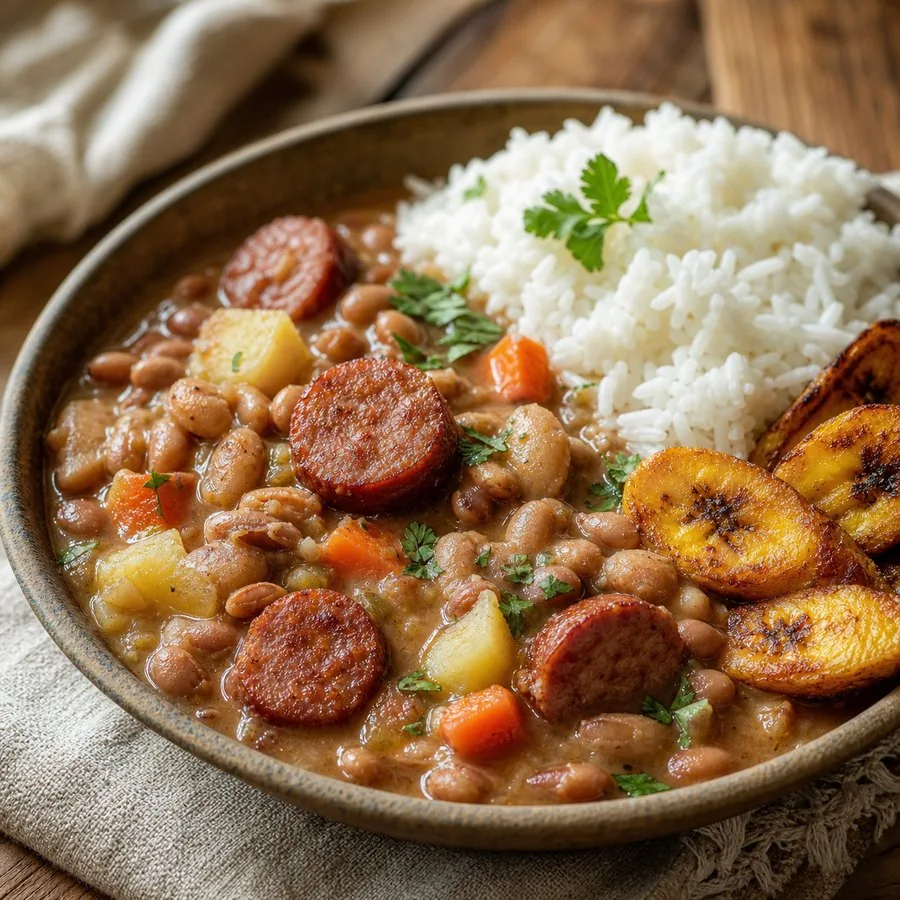 Pinto bean stew with rice, plantains and cilantro