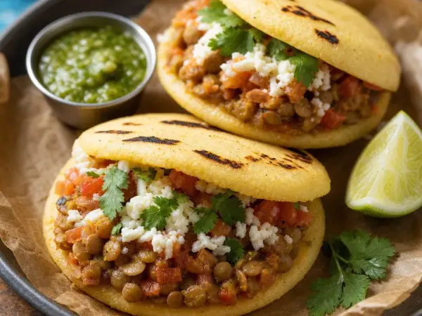 Colombian Hogao Lentil Arepas, finished dish