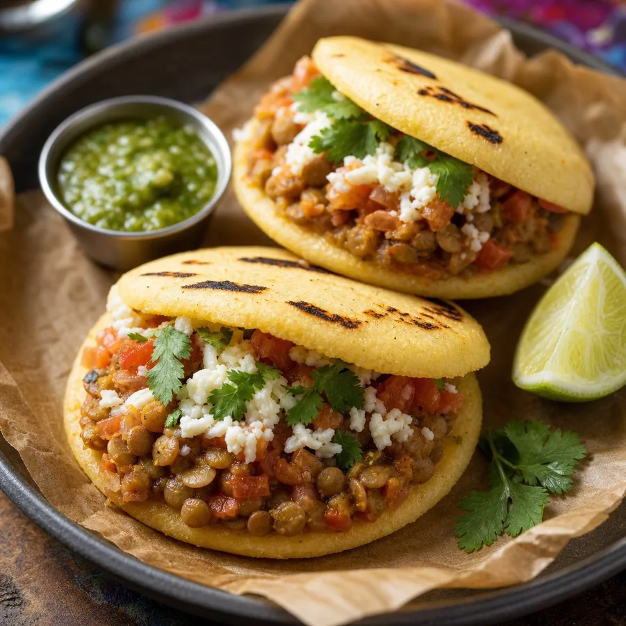 Colombian Hogao Lentil Arepas, finished dish