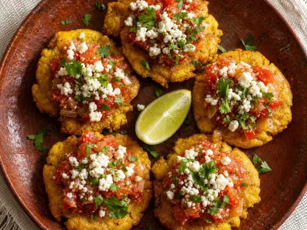Colombian Patacones with Hogao and Cheese, finished dish