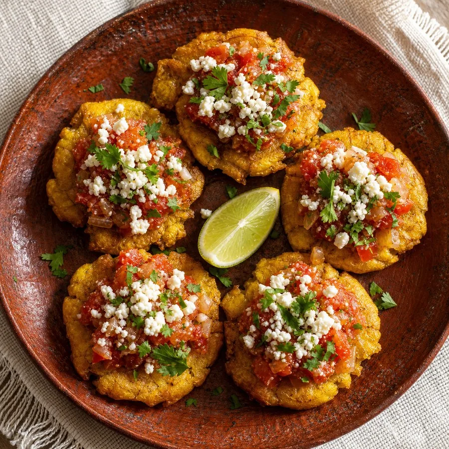 Colombian Patacones with Hogao and Cheese, finished dish