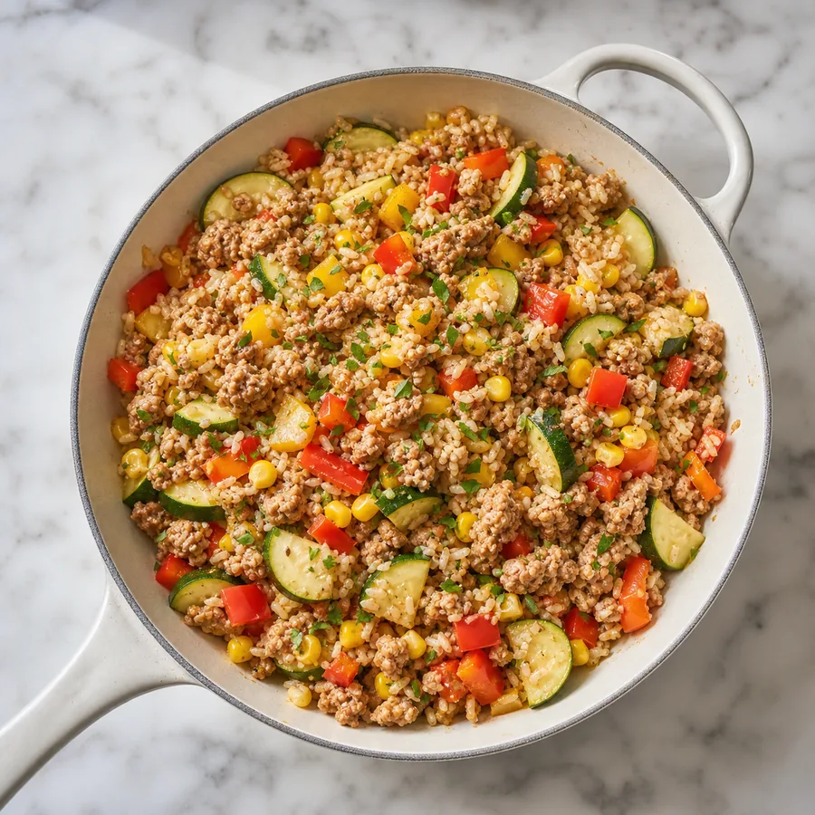 Comorian Garden Inspired Turkey Vegetable Rice Skillet, finished dish