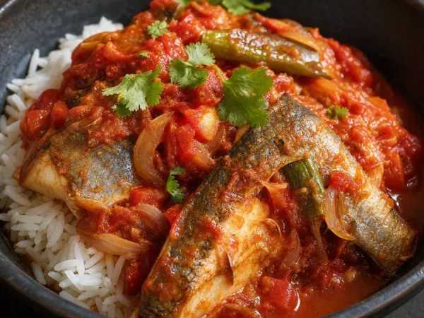 Comorian Mtsolola Fish Tomato Stew, plated as a finished dinner
