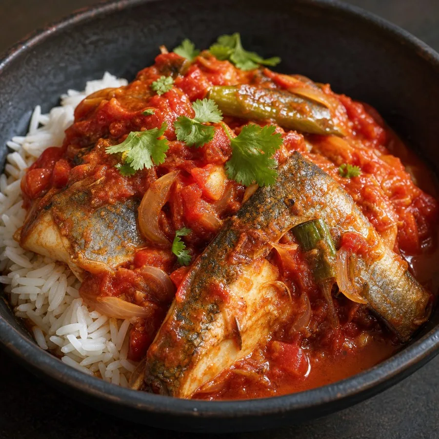 Comorian Mtsolola Fish Tomato Stew, plated as a finished dinner