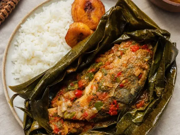 Congolese Liboke Fish Parcels, plated as a finished dinner