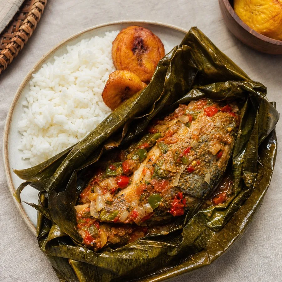 Congolese Liboke Fish Parcels, plated as a finished dinner
