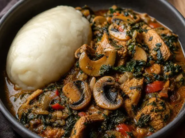 Congolese Pondu Mushroom Stew, plated as a finished dinner