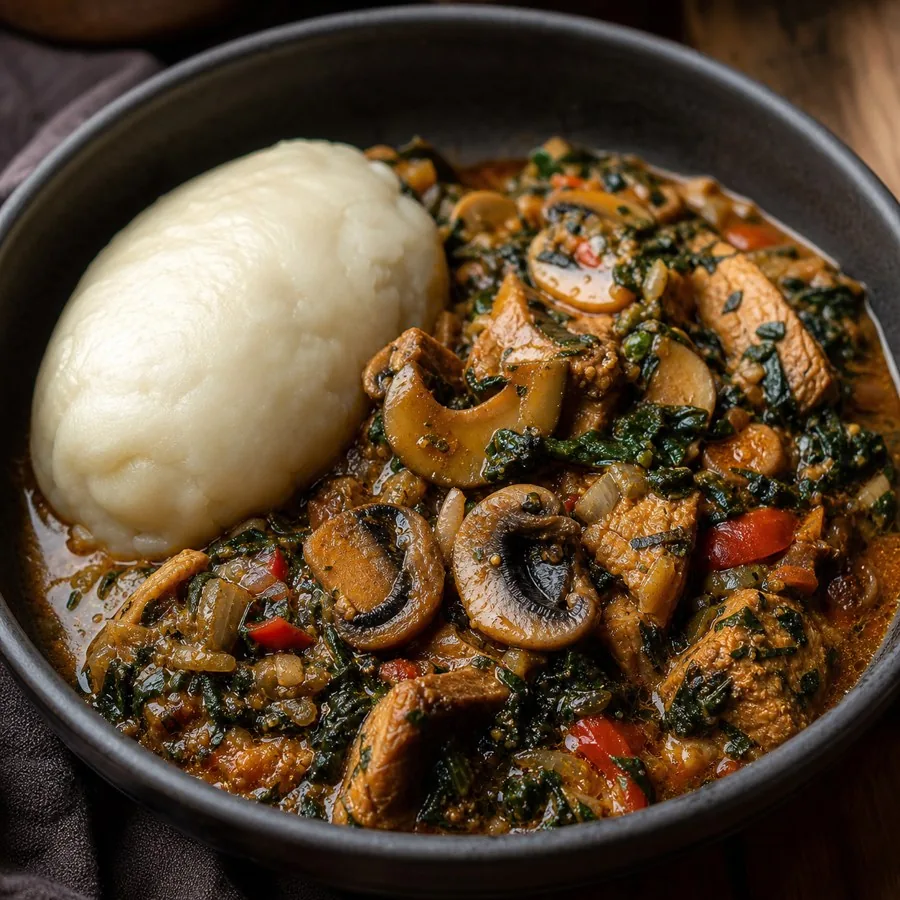Congolese Pondu Mushroom Stew, plated as a finished dinner
