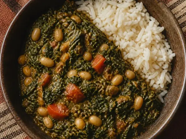 Congolese-inspired Saka Saka with peanut beans and rice