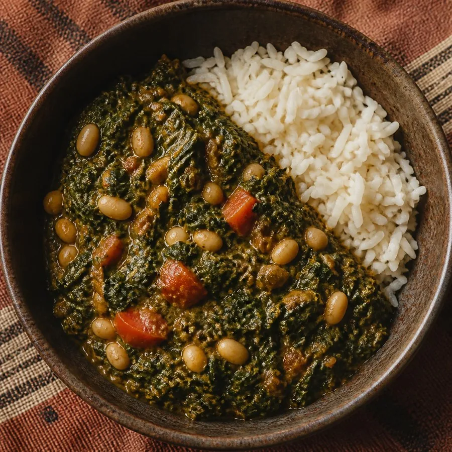 Congolese-inspired Saka Saka with peanut beans and rice