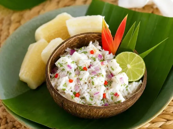 Cook Islands Ika Mata Coconut Fish Salad, plated as a finished dinner