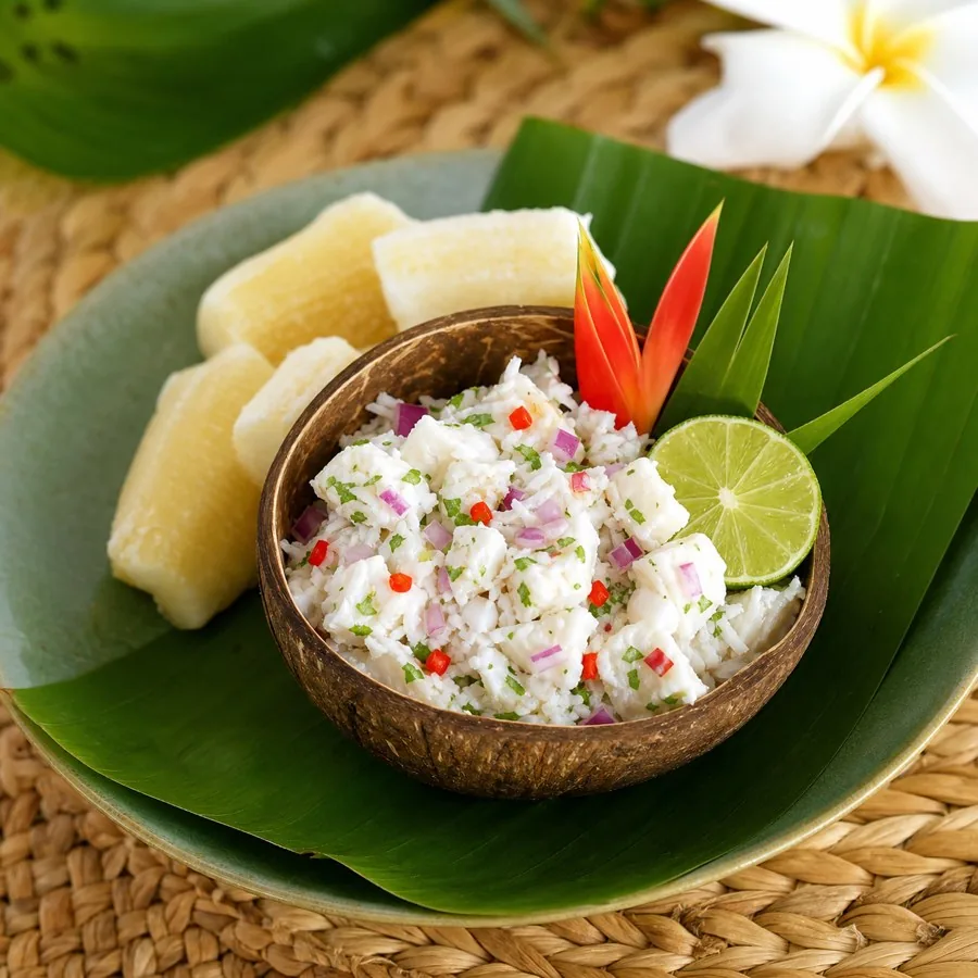 Cook Islands Ika Mata Coconut Fish Salad, plated as a finished dinner