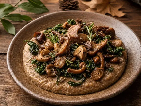 Corsican Pulenda with Mushrooms and Greens, plated and ready to serve