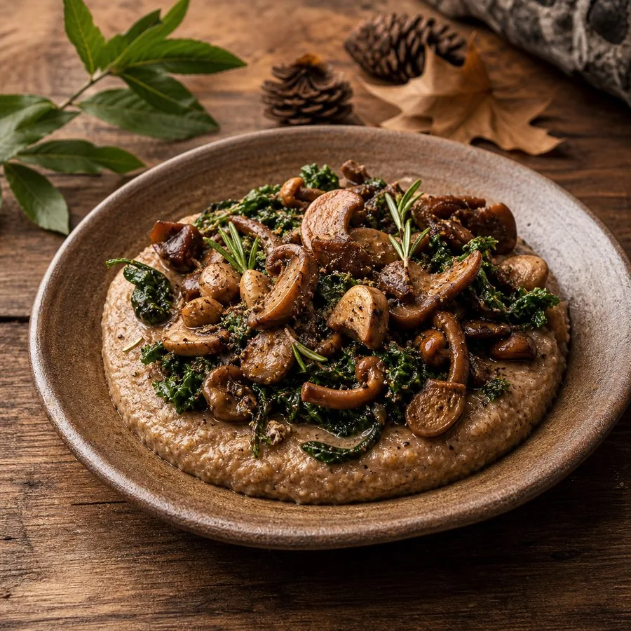Corsican Pulenda with Mushrooms and Greens, plated and ready to serve