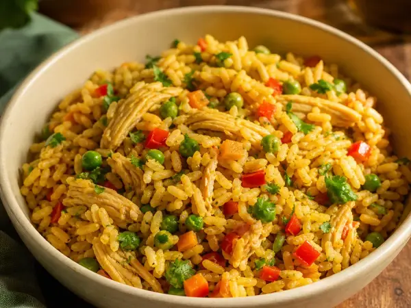 Golden chicken rice with peas, carrots and cilantro