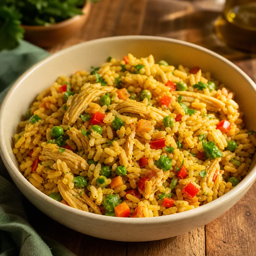 Golden chicken rice with peas, carrots and cilantro