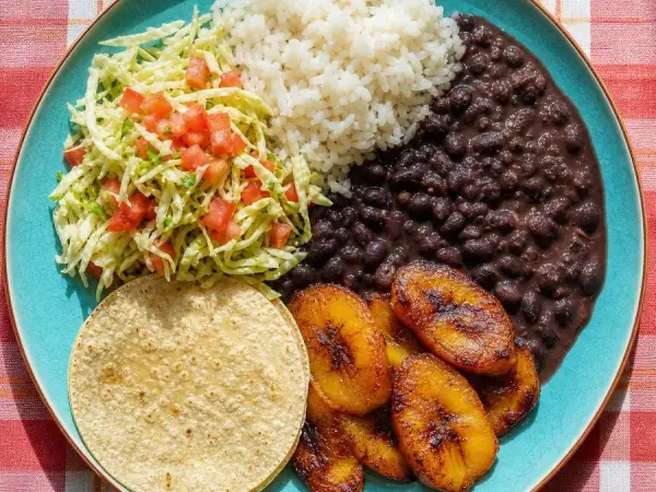 Costa Rican Casado with Black Beans and Plantains, finished dish