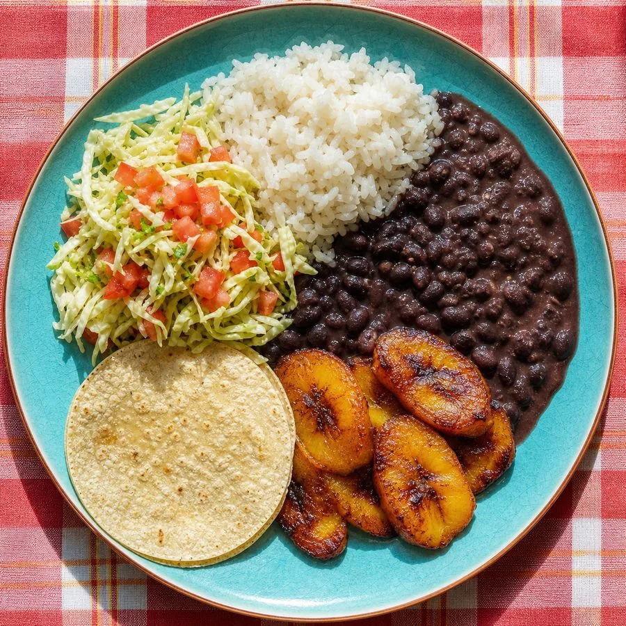 Costa Rican Casado with Black Beans and Plantains, finished dish