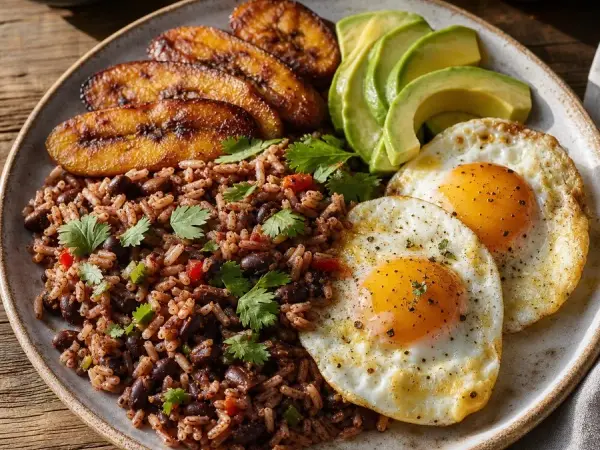 Costa Rican Gallo Pinto with Plantain and Eggs, finished dish