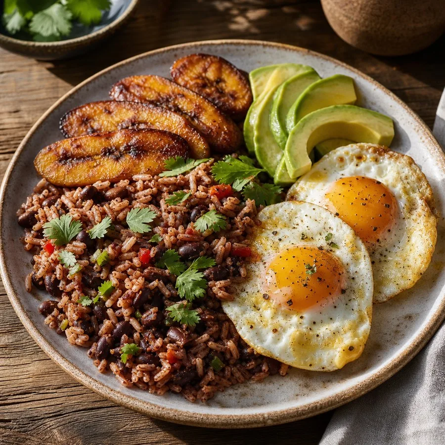 Costa Rican Gallo Pinto with Plantain and Eggs, finished dish