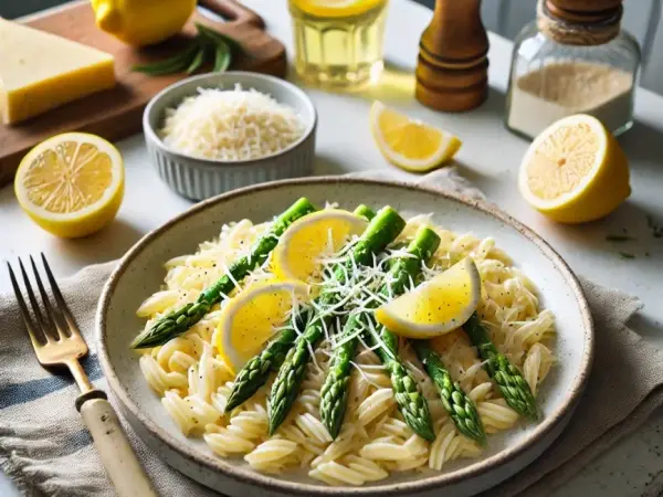 Creamy Lemon Asparagus Orzo with Crispy Prosciutto, finished dish