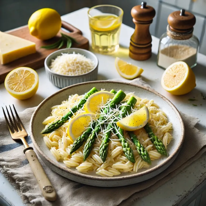 Creamy Lemon Asparagus Orzo with Crispy Prosciutto, finished dish