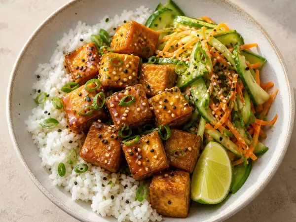 Crispy Sesame Tofu Rice Bowls with Ginger Cucumber Slaw, finished dish