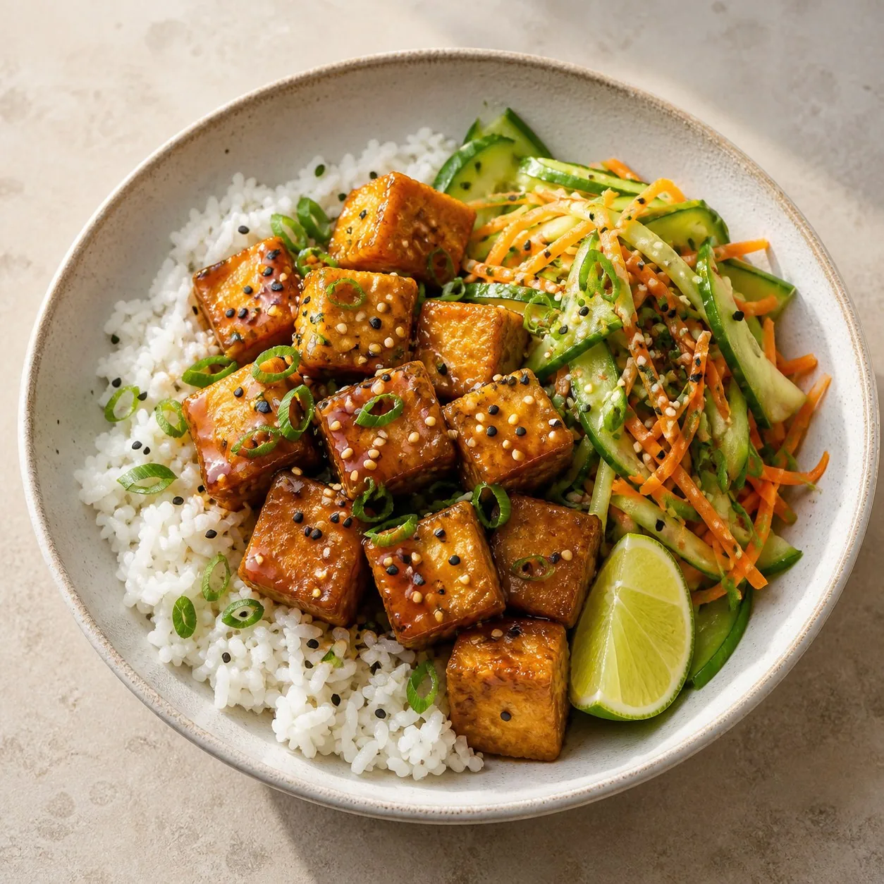 Crispy Sesame Tofu Rice Bowls with Ginger Cucumber Slaw, finished dish