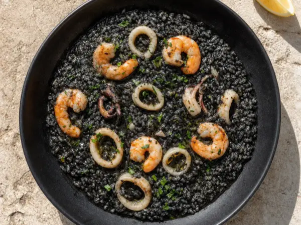 Croatian Black Risotto with Seafood, finished dish