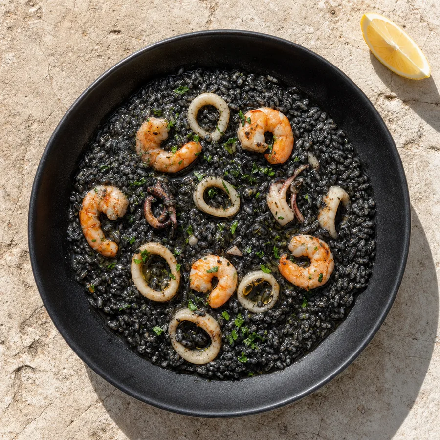 Croatian Black Risotto with Seafood, finished dish