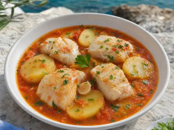 Croatian Gregada White Fish Potato Stew, plated and ready to serve