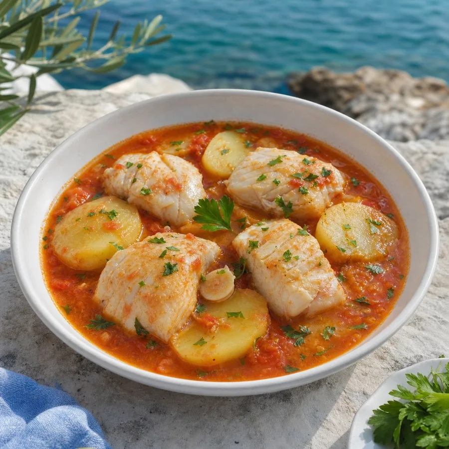 Croatian Gregada White Fish Potato Stew, plated and ready to serve