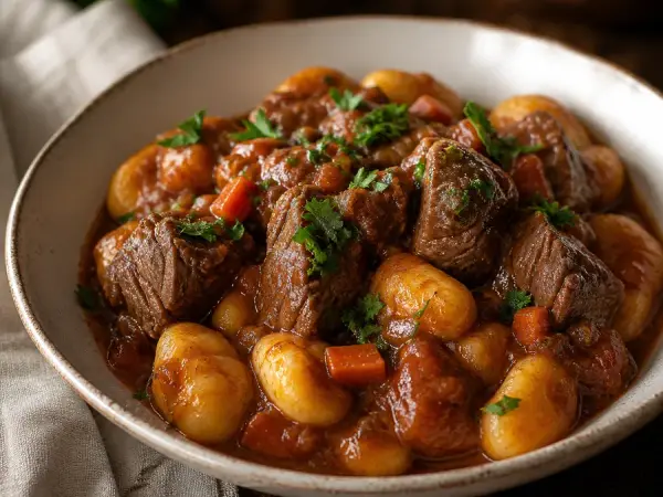 Croatian-inspired tomato braised beef with gnocchi
