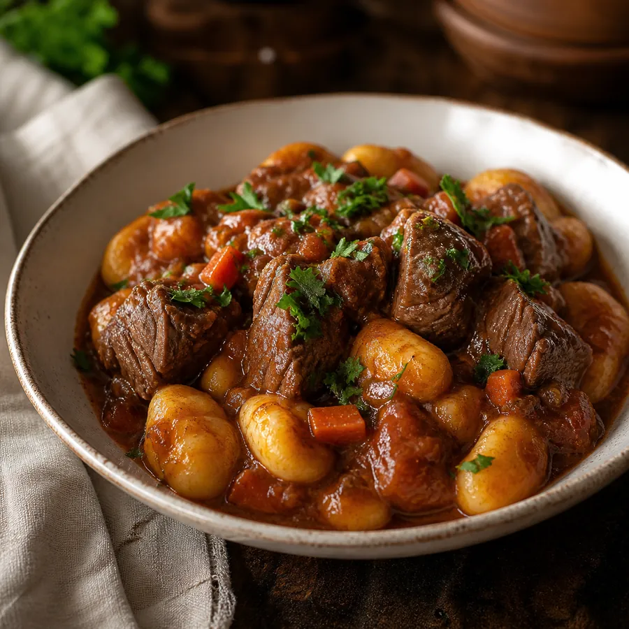 Croatian-inspired tomato braised beef with gnocchi