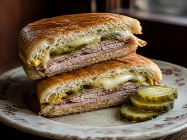 Pressed Cuban-style sandwiches with pork, ham, Swiss cheese and pickles