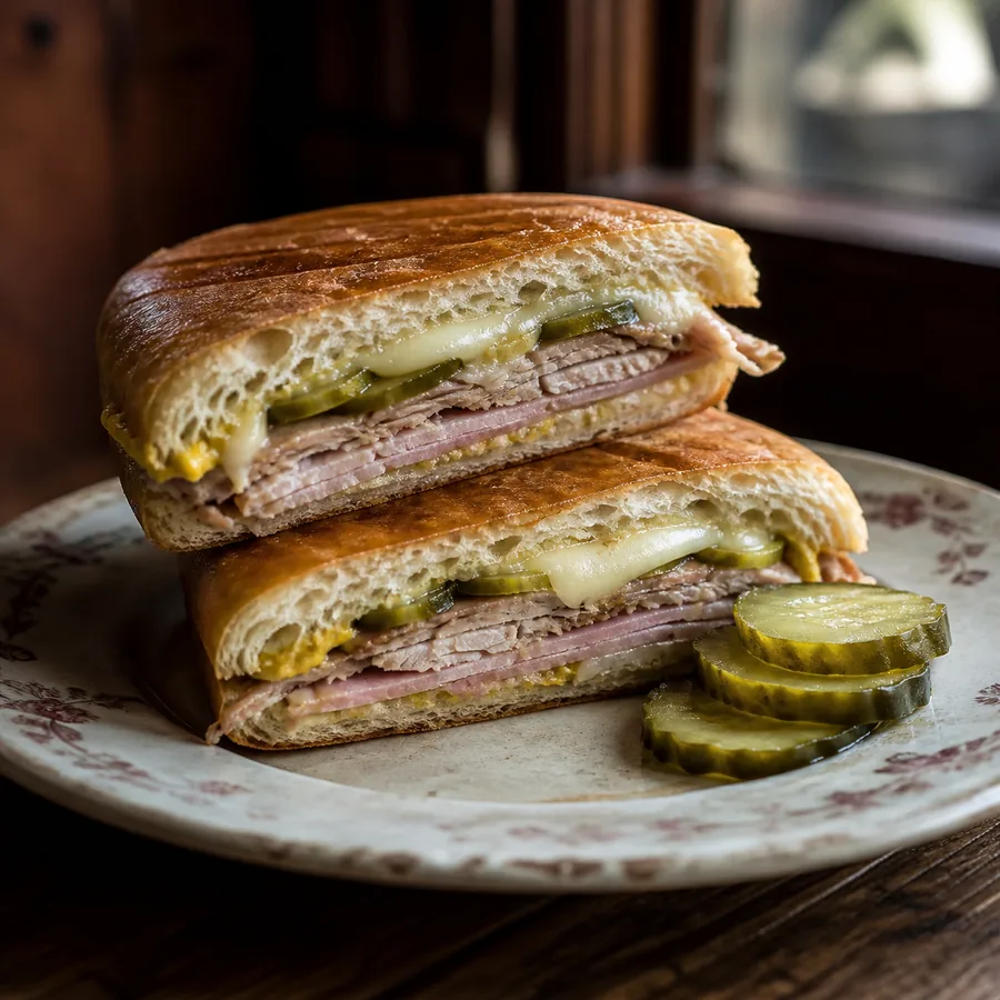 Pressed Cuban-style sandwiches with pork, ham, Swiss cheese and pickles