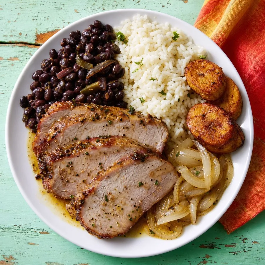 Cuban Mojo Pork with Black Beans, finished dish