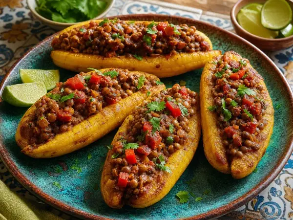 Cuban Picadillo Lentil Stuffed Plantains, finished dinner