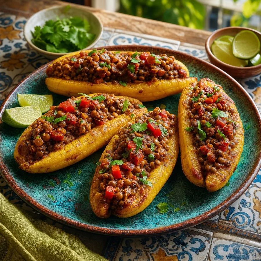 Cuban Picadillo Lentil Stuffed Plantains, finished dinner